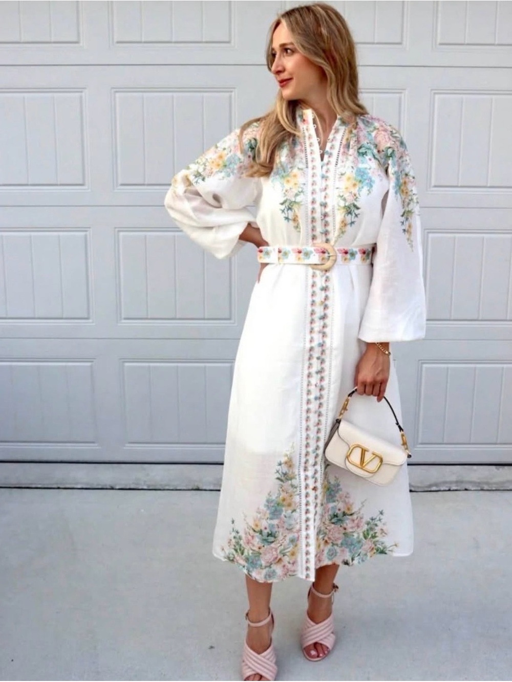 White Floral Embroidered Midi Dress with Belt